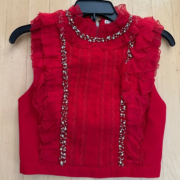 Alice + Olivia Gwen Red Ruffle Crystal Embellished Top, 0, GD1188 - Picture 2 of 5